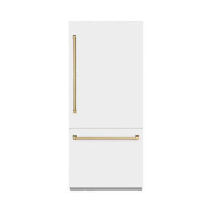 ZLINE Autograph Edition 36 in. 19.8 cu. ft. Built-In Bottom Freezer Refrigerator with Water Dispenser and Ice Maker in White Matte and Champagne Bronze Accents (RBITZ-WM-36-CB)
