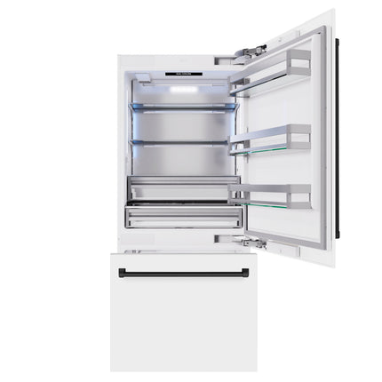 ZLINE Autograph Edition 36 in. 19.8 cu. ft. Built-In Bottom Freezer Refrigerator with Water Dispenser and Ice Maker in White Matte and Matte Black Accents (RBITZ-WM-36-MB)