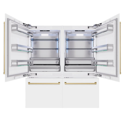 ZLINE Autograph Edition 72 in. 39.6 cu. ft. French Door Built-In Bottom Freezer Refrigerator with Water Dispensers and Ice Makers in White Matte and Champagne Bronze Accents (RBITZ-WM-72-CB)