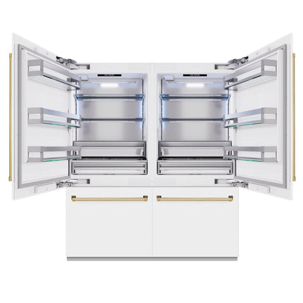 ZLINE Autograph Edition 72 in. 39.6 cu. ft. French Door Built-In Bottom Freezer Refrigerator with Water Dispensers and Ice Makers in White Matte and Polished Gold Accents (RBITZ-WM-72-G)
