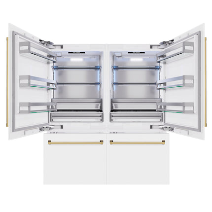 ZLINE Autograph Edition 72 in. 39.6 cu. ft. French Door Built-In Bottom Freezer Refrigerator with Water Dispensers and Ice Makers in White Matte and Polished Gold Accents (RBITZ-WM-72-G)