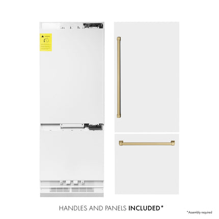 ZLINE Autograph Edition 30 in. 16.1 cu. ft. Built-In Bottom Freezer Refrigerator with Water Dispenser and Ice Maker in White Matte with Champagne Bronze Accents (RBIVZ-WM-30-CB)