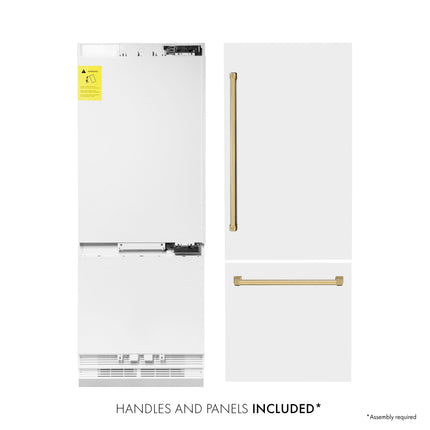 ZLINE Autograph Edition 30 in. 16.1 cu. ft. Built-In Bottom Freezer Refrigerator with Water Dispenser and Ice Maker in White Matte with Polished Gold Accents (RBIVZ-WM-30-G)