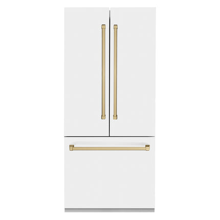 ZLINE Autograph Edition 36 in. 19.6 cu. ft. French Door Built-In Bottom Freezer Refrigerator with Water Dispenser and Ice Maker in White Matte with Champagne Bronze Accents (RBIVZ-WM-36-CB)