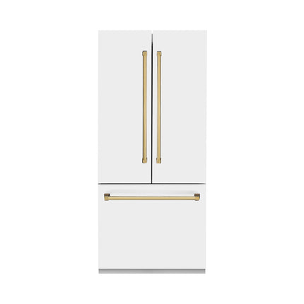 ZLINE Autograph Edition 36 in. 19.6 cu. ft. French Door Built-In Bottom Freezer Refrigerator with Water Dispenser and Ice Maker in White Matte with Polished Gold Accents (RBIVZ-WM-36-G)