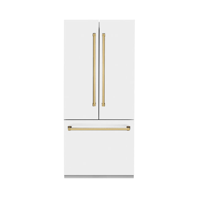 ZLINE Autograph Edition 36 in. 19.6 cu. ft. French Door Built-In Bottom Freezer Refrigerator with Water Dispenser and Ice Maker in White Matte with Polished Gold Accents (RBIVZ-WM-36-G)