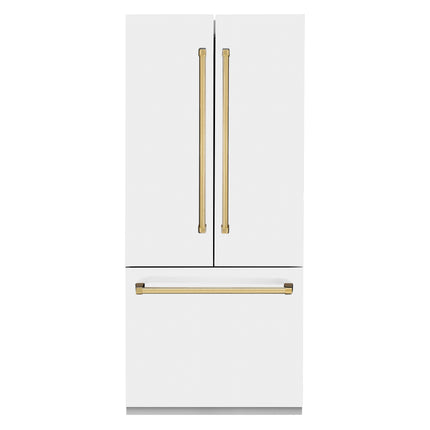ZLINE Autograph Edition 36 in. 19.6 cu. ft. French Door Built-In Bottom Freezer Refrigerator with Water Dispenser and Ice Maker in White Matte with Polished Gold Accents (RBIVZ-WM-36-G)