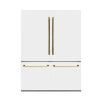 ZLINE Autograph Edition 60 in. 32.2 cu. ft. French Door Built-In Bottom Freezer Refrigerator with Water Dispenser and Ice Maker in White Matte with Champagne Bronze Accents (RBIVZ-WM-60-CB)