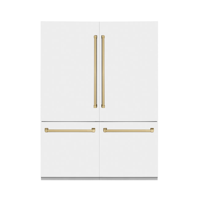 ZLINE Autograph Edition 60 in. 32.2 cu. ft. French Door Built-In Bottom Freezer Refrigerator with Water Dispenser and Ice Maker in White Matte with Champagne Bronze Accents (RBIVZ-WM-60-CB)