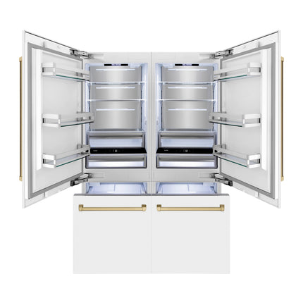 ZLINE Autograph Edition 60 in. 32.2 cu. ft. French Door Built-In Bottom Freezer Refrigerator with Water Dispenser and Ice Maker in White Matte with Champagne Bronze Accents (RBIVZ-WM-60-CB)