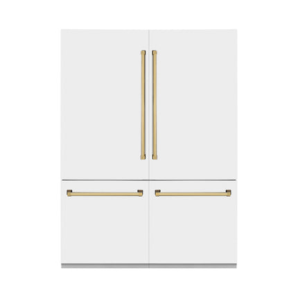 ZLINE Autograph Edition 60 in. 32.2 cu. ft. French Door Built-In Bottom Freezer Refrigerator with Water Dispenser and Ice Maker in White Matte with Polished Gold Accents (RBIVZ-WM-60-G)