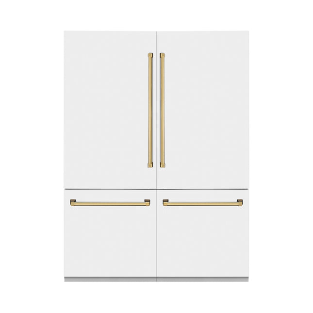 ZLINE Autograph Edition 60 in. 32.2 cu. ft. French Door Built-In Bottom Freezer Refrigerator with Water Dispenser and Ice Maker in White Matte with Polished Gold Accents (RBIVZ-WM-60-G)