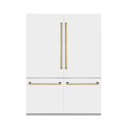 ZLINE Autograph Edition 60 in. 32.2 cu. ft. French Door Built-In Bottom Freezer Refrigerator with Water Dispenser and Ice Maker in White Matte with Polished Gold Accents (RBIVZ-WM-60-G)