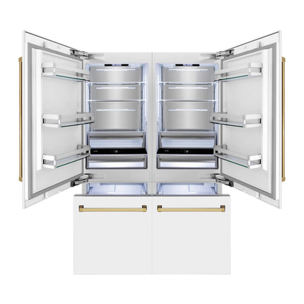 ZLINE Autograph Edition 60 in. 32.2 cu. ft. French Door Built-In Bottom Freezer Refrigerator with Water Dispenser and Ice Maker in White Matte with Polished Gold Accents (RBIVZ-WM-60-G)