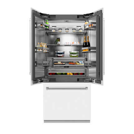 ZLINE 36 in. 19.6 cu. ft. French Door Built-In Bottom Freezer Refrigerator with Water Dispenser and Ice Maker in White Matte with Stainless Steel Interior (SRBIV-WM-36)