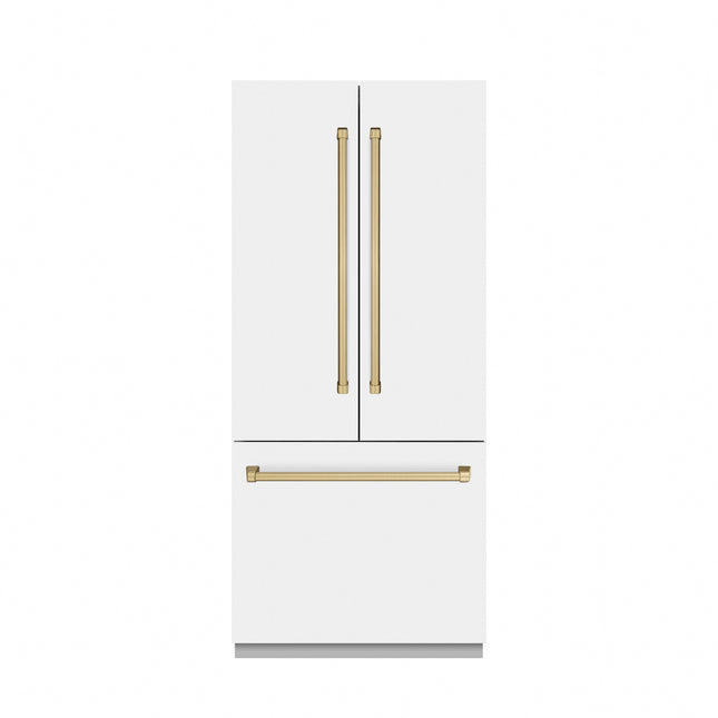 ZLINE Autograph Edition 36 in. 19.6 cu. ft. French Door Built-In Bottom Freezer Refrigerator with Water Dispenser and Ice Maker in White Matte with Stainless Steel Interior and Champagne Bronze Accents (SRBIVZ-WM-36-CB)