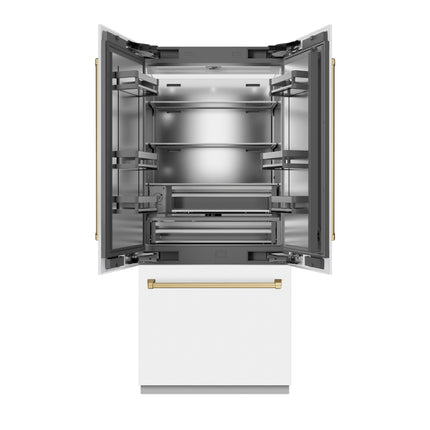 ZLINE Autograph Edition 36 in. 19.6 cu. ft. French Door Built-In Bottom Freezer Refrigerator with Water Dispenser and Ice Maker in White Matte with Stainless Steel Interior and Polished Gold Accents (SRBIVZ-WM-36-G)