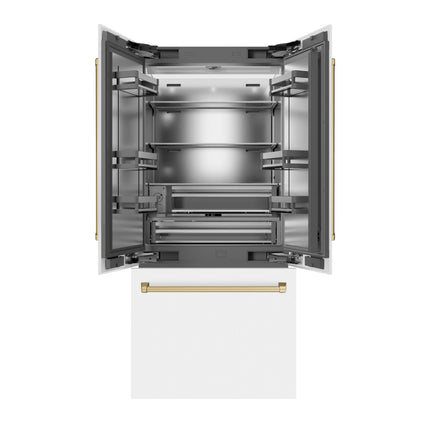 ZLINE Autograph Edition 36 in. 19.6 cu. ft. French Door Built-In Bottom Freezer Refrigerator with Water Dispenser and Ice Maker in White Matte with Stainless Steel Interior and Polished Gold Accents (SRBIVZ-WM-36-G)