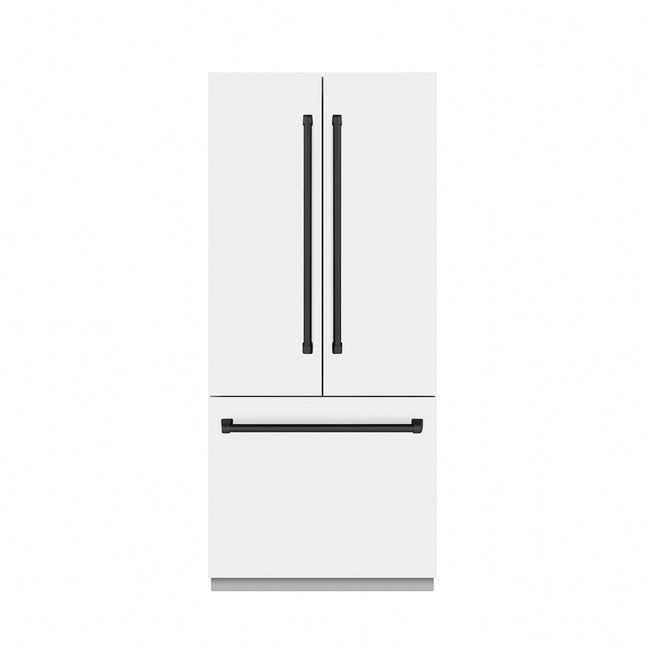 ZLINE Autograph Edition 36 in. 19.6 cu. ft. French Door Built-In Bottom Freezer Refrigerator with Water Dispenser and Ice Maker in White Matte with Stainless Steel Interior and Matte Black Accents (SRBIVZ-WM-36-MB)