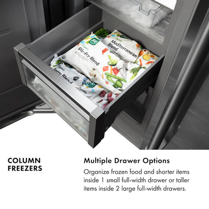 ZLINE Autograph Edition 24 in. 12.4 cu. ft. Column Freezer in Stainless Steel with Graphite Gray Interior and Polished Gold Accents (RCFVZ-304-24-G)
