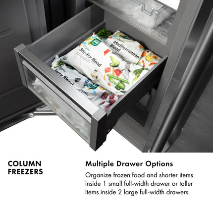 ZLINE Autograph Edition 18 in. 8.6 cu. ft. Left Hinge Column Freezer in Satin Stainless Steel with Graphite Gray Interior and Matte Black Accents (RCFVLZ-SN-18-MB)