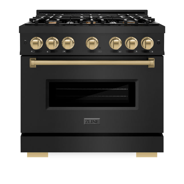 ZLINE Autograph Edition 36 in. 5.2 cu. ft. Classic Gas Range with 6 Burner Cooktop and Convection Gas Oven in Black Stainless Steel and Champagne Bronze Accents (CGRBZ-36-CB)