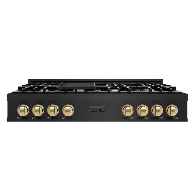 ZLINE Autograph Edition 48 in. Classic Gas Rangetop with 8 Burners and Porcelain Cooktop in Black Stainless Steel with Champagne Bronze Accents (RTBZ-48-CB)