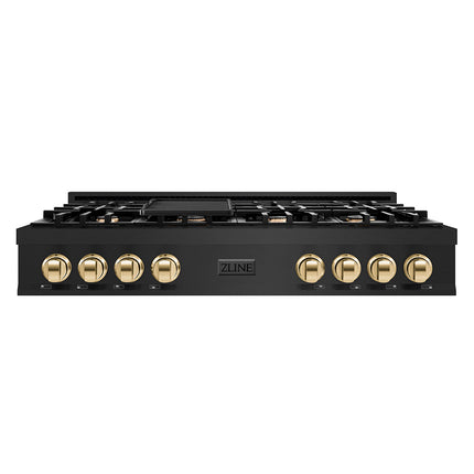 ZLINE Autograph Edition 48 in. Classic Gas Rangetop with 8 Burners and Porcelain Cooktop in Black Stainless Steel with Polished Gold Accents (RTBZ-48-G)