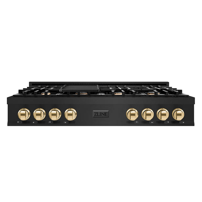 ZLINE Autograph Edition 48 in. Classic Gas Rangetop with 8 Burners and Porcelain Cooktop in Black Stainless Steel with Polished Gold Accents (RTBZ-48-G)