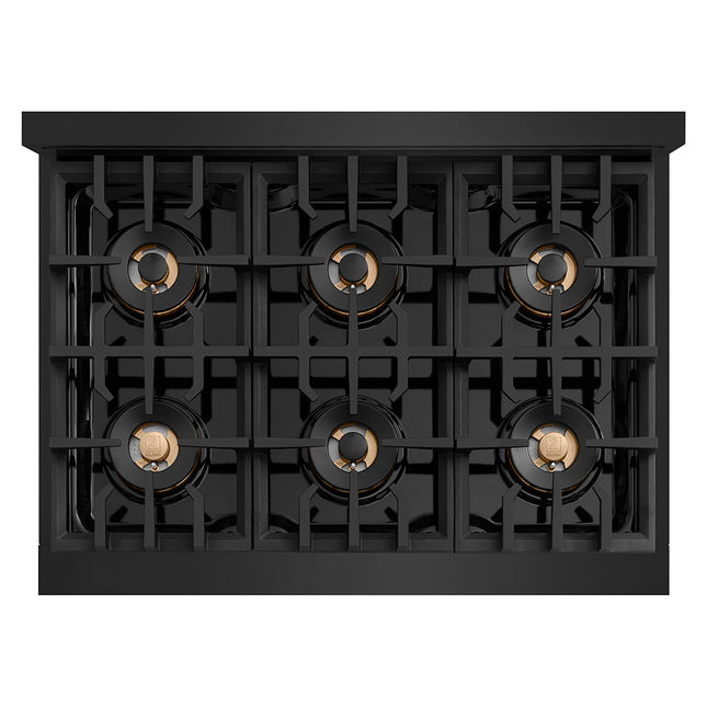 ZLINE Autograph Edition 36 in. Classic Gas Rangetop with 6 Burner DuoPro™ Cooktop in Black Stainless Steel and Polished Gold Accents (PCRTBZ-36-G)