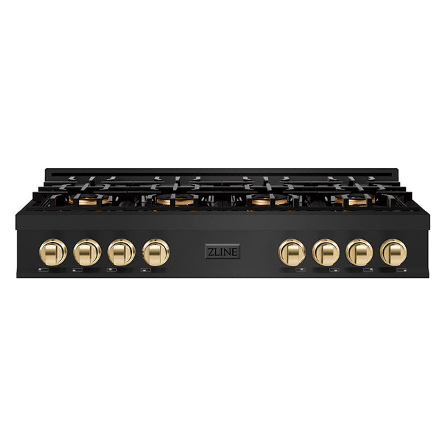 ZLINE Autograph Edition 48 in. Classic Gas Rangetop with 8 Burner DuoPro™ Cooktop in Black Stainless Steel and Polished Gold Accents (PCRTBZ-48-G)
