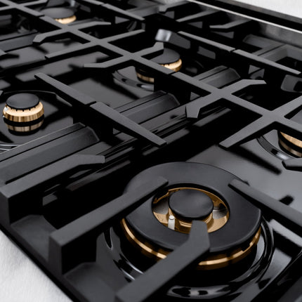 ZLINE Autograph Edition 36 in. 5.2 cu. ft. Classic Gas Range with 6 Burner Cooktop and Convection Gas Oven in Satin Stainless Steel with Black Matte Door and Polished Gold Accents (CGRSZ-BLM-36-G)
