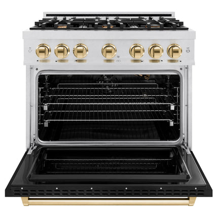 ZLINE Autograph Edition 36 in. 5.2 cu. ft. Classic Gas Range with 6 Burner Cooktop and Convection Gas Oven in Satin Stainless Steel with Black Matte Door and Polished Gold Accents (CGRSZ-BLM-36-G)