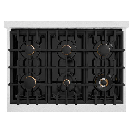 ZLINE Autograph Edition 36 in. 5.2 cu. ft. Classic Gas Range with 6 Burner Cooktop and Convection Gas Oven in Satin Stainless Steel with Black Matte Door and Polished Gold Accents (CGRSZ-BLM-36-G)