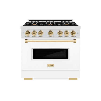 ZLINE Autograph Edition 36 in. 5.2 cu. ft. Classic Gas Range with 6 Burner Cooktop and Convection Gas Oven in Satin Stainless Steel with White Matte Door and Polished Gold Accents (CGRSZ-WM-36-G)
