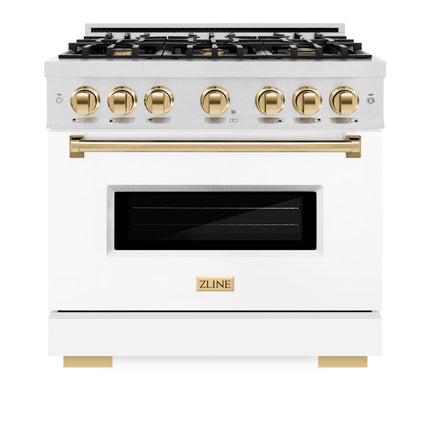 ZLINE Autograph Edition 36 in. 5.2 cu. ft. Classic Gas Range with 6 Burner Cooktop and Convection Gas Oven in Satin Stainless Steel with White Matte Door and Polished Gold Accents (CGRSZ-WM-36-G)