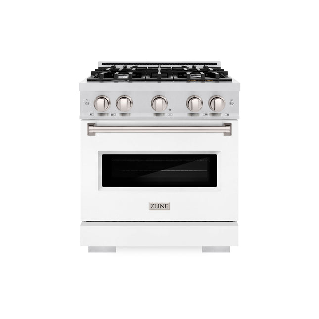 ZLINE 30 in. 4.2 cu. ft. Classic Dual Fuel Range with 4 Burner Gas Cooktop and Electric Convection Oven in Satin Stainless Steel with White Matte Door (CDRS-WM-30)