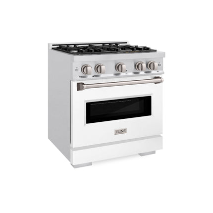 ZLINE 30 in. 4.2 cu. ft. Classic Dual Fuel Range with 4 Burner Gas Cooktop and Electric Convection Oven in Satin Stainless Steel with White Matte Door (CDRS-WM-30)