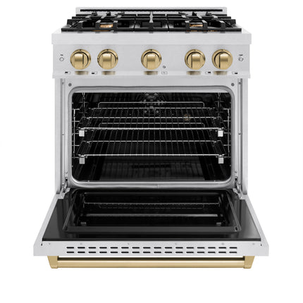 ZLINE Autograph Edition 30 in. 4.2 cu. ft. Classic Dual Fuel Range with 4 Burner Gas Cooktop and Electric Convection Oven in Satin Stainless Steel with Champagne Bronze Accents (CDRSZ-30-CB)