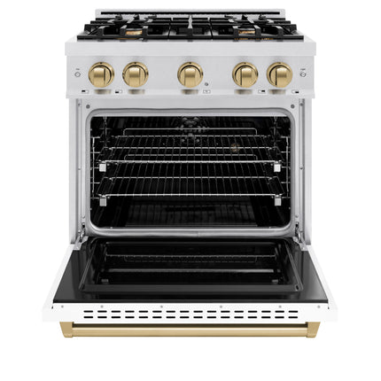 ZLINE Autograph Edition 30 in. 4.2 cu. ft. Classic Dual Fuel Range with 4 Burner Gas Cooktop and Electric Convection Oven in Satin Stainless Steel with White Matte Door and Champagne Bronze Accents (CDRSZ-WM-30-CB)