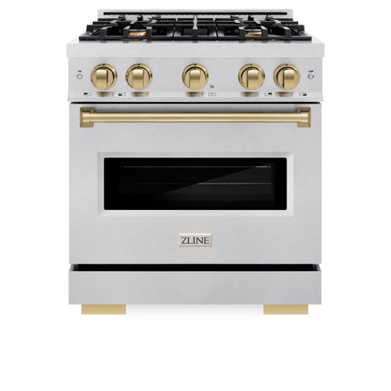 ZLINE Autograph Edition 30 in. 4.2 cu. ft. Classic Dual Fuel Range with 4 Burner Gas Cooktop and Electric Convection Oven in Satin Stainless Steel with Champagne Bronze Accents (CDRSZ-30-CB)