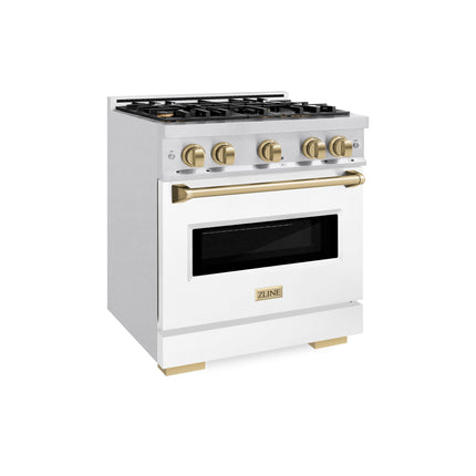 ZLINE Autograph Edition 30 in. 4.2 cu. ft. Classic Dual Fuel Range with 4 Burner Gas Cooktop and Electric Convection Oven in Satin Stainless Steel with White Matte Door and Champagne Bronze Accents (CDRSZ-WM-30-CB)