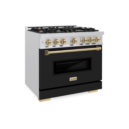 ZLINE Autograph Edition 36 in. 5.2 cu. ft. Classic Dual Fuel Range with 6 Burner Gas Cooktop and Electric Convection Oven in Satin Stainless Steel with Black Matte Door and Champagne Bronze Accents (CDRSZ-BLM-36-CB)