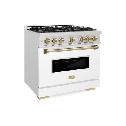ZLINE Autograph Edition 36 in. 5.2 cu. ft. Classic Dual Fuel Range with 6 Burner Gas Cooktop and Electric Convection Oven in Satin Stainless Steel with White Matte Door and Champagne Bronze Accents (CDRSZ-WM-36-CB)