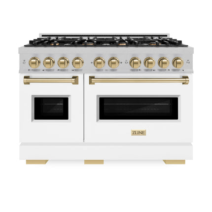 ZLINE Autograph Edition 48 in. 6.7 cu. ft. Classic Double Oven Dual Fuel Range with 8 Burner Gas Cooktop in Satin Stainless Steel with White Matte Doors and Champagne Bronze Accents (CDRSZ-WM-48-CB)