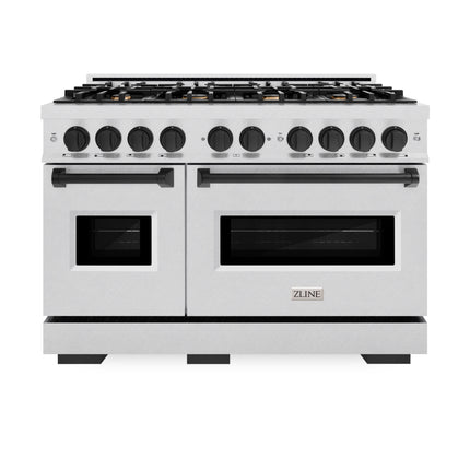ZLINE Autograph Edition 48 in. 6.7 cu. ft. Classic Double Oven Dual Fuel Range with 8 Burner Gas Cooktop in Satin Stainless Steel with White Matte Doors and Matte Black Accents (CDRSZ-WM-48-MB)