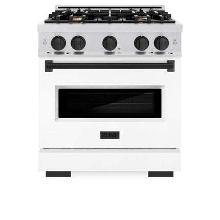 ZLINE Autograph Edition 30 in. 4.2 cu. ft. Classic Dual Fuel Range with 4 Burner Gas Cooktop and Electric Convection Oven in Satin Stainless Steel with White Matte Door and Matte Black Accents (CDRSZ-WM-30-MB)