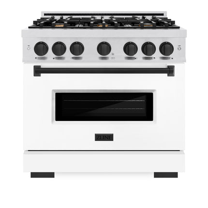 ZLINE Autograph Edition 36 in. 5.2 cu. ft. Classic Dual Fuel Range with 6 Burner Gas Cooktop and Electric Convection Oven in Satin Stainless Steel with White Matte Door and Matte Black Accents (CDRSZ-WM-36-MB)