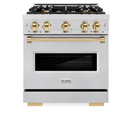 ZLINE Autograph Edition 30 in. 4.2 cu. ft. Classic Dual Fuel Range with 4 Burner Gas Cooktop and Electric Convection Oven in Satin Stainless Steel with Polished Gold Accents (CDRSZ-30-G)