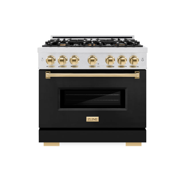 ZLINE Autograph Edition 36 in. 5.2 cu. ft. Classic Dual Fuel Range with 6 Burner Gas Cooktop and Electric Convection Oven in Satin Stainless Steel with Polished Gold Accents (CDRSZ-36-G)
